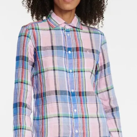 Polo Ralph Lauren Plaid Linen Long Sleeve Shirt Blue Pink Green Small - Picture 3 of 11